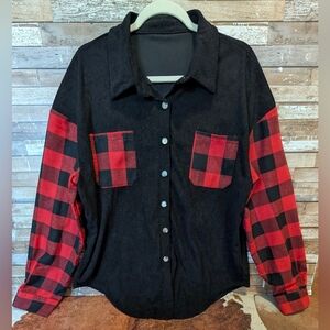 Soft Black Cordoroy Button Down Shirt With Red/Black Buffalo Plaid Sleeves